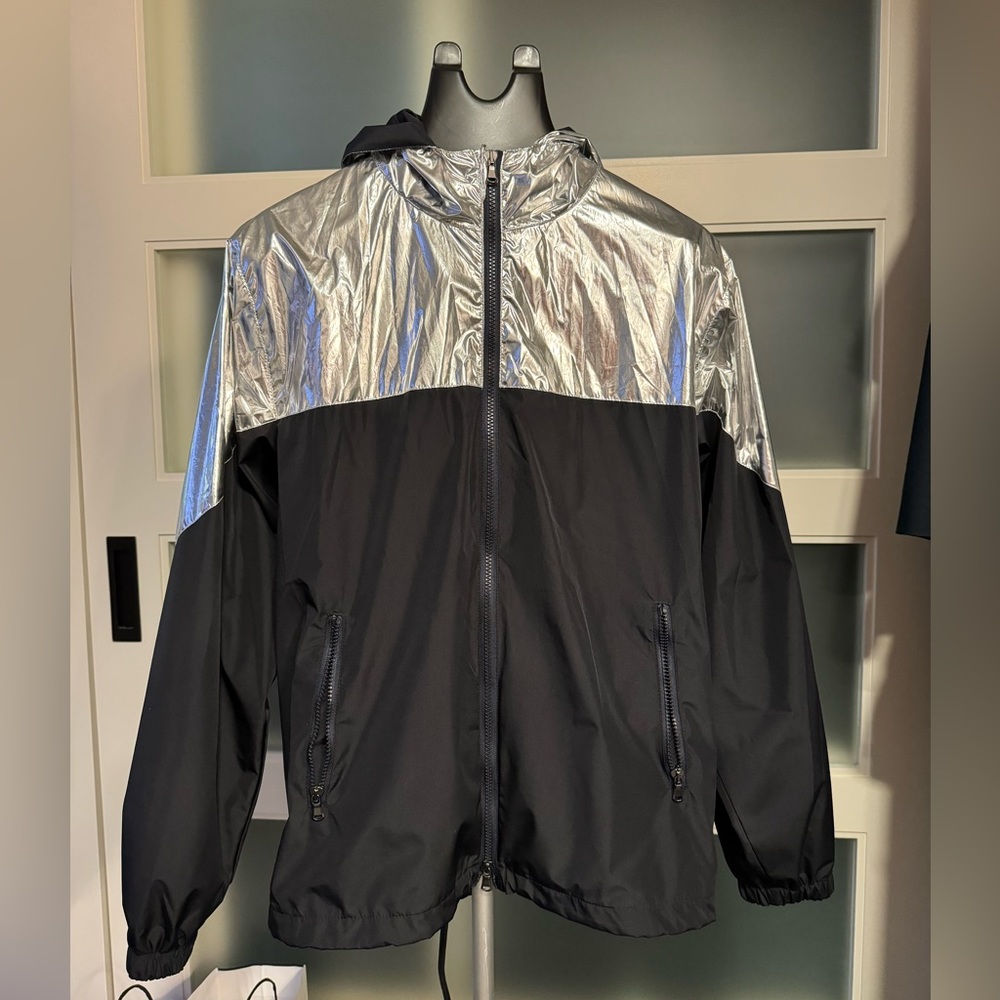 Sak’s 5th Ave Metallic Silver Hooded Windbreaker